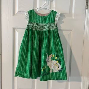 Green mini boden dress with white bunny 5/6yrs old